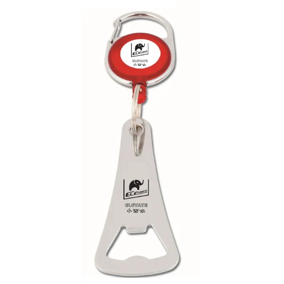 Round zinc alloy ELEVATE retractable bottle opener reel with metal bottle opener and 30 mm split ring attached