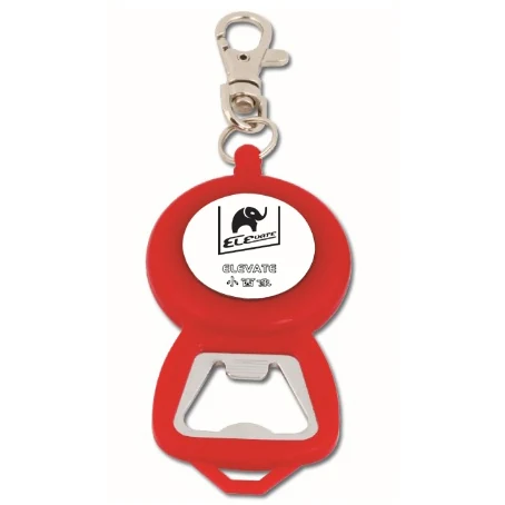 Oval zinc alloy ELEVATE retractable bottle opener reel with 15 mm twin ring and metal clip, cord extended