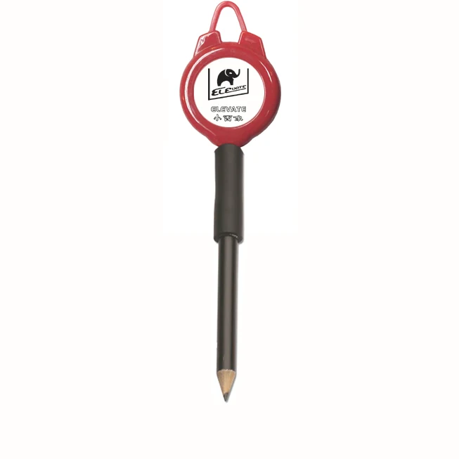 Retractable pen holder reel with 45 mm plastic housing, plastic hook, and pen sleeve, shown in red