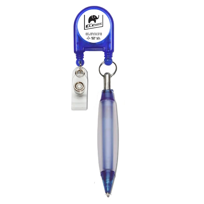 Retractable badge reel with ballpoint pen, blue housing, fitted PVC strap and belt clip, pen extended from the side