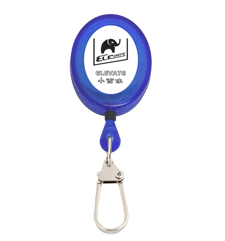 Rectangular ELEVATE retractable fishing zinger with plastic hook and 60 cm cord, mounted on a fishing rod handle