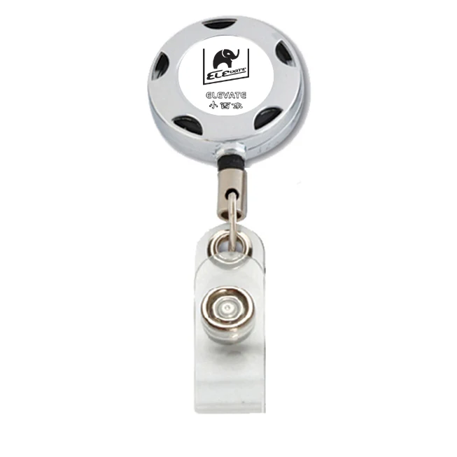 Round metal ELEVATE retractable badge reel with belt clip and clear PVC card strap