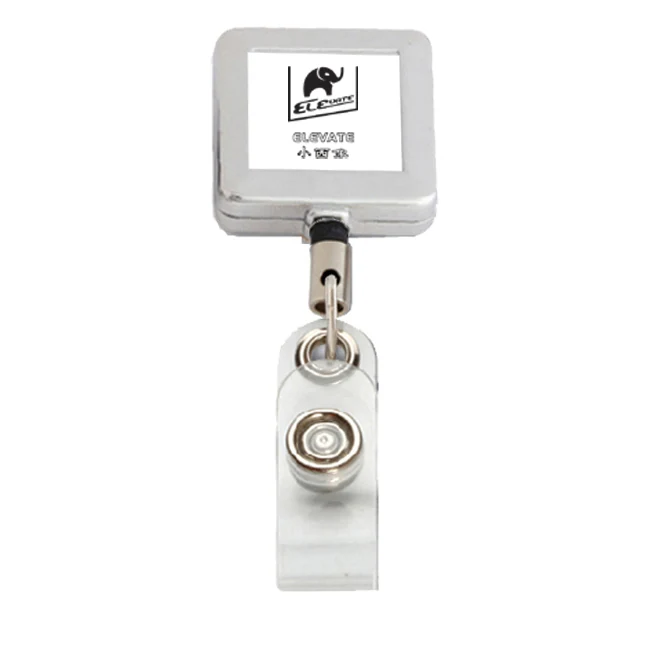 Square metal ELEVATE retractable badge reel with belt clip and clear PVC card strap