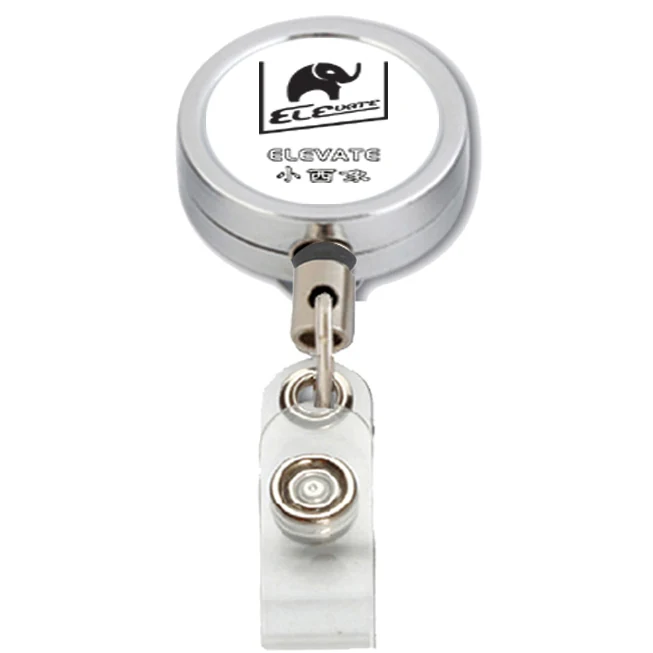 Round metal ELEVATE retractable badge reel with belt clip and clear PVC card strap
