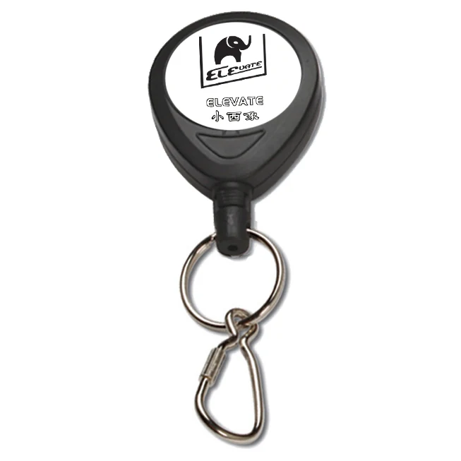 Retractable key reel with zinc alloy housing, metal hook, and 30 mm twin loop, showing the 37 mm diameter recess for logo application