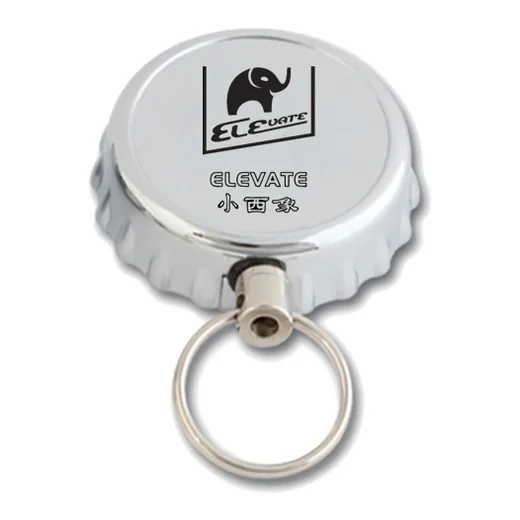 Metal ELEVATE bottle cap retractable key reel with 30 mm clip and metal loop, shown in profile with cord extended