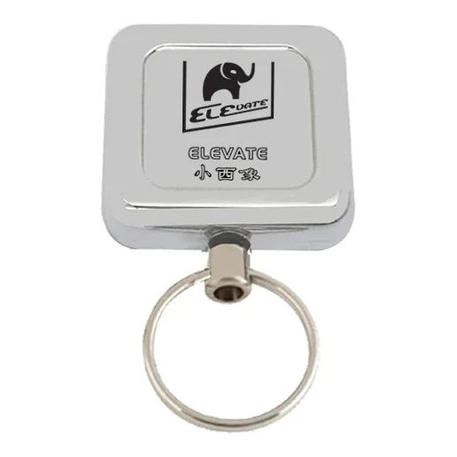 Square metal ELEVATE retractable key reel with 30 mm clip and 30 mm loop, showing the 29.5 x 29.5 mm recess and 60 cm cord