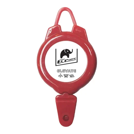 Red plastic ELEVATE retractable ski pass holder with plastic hook and clear nylon cord