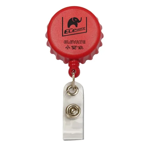 Red plastic ELEVATE bottle cap badge reel with belt clip and clear PVC card strap