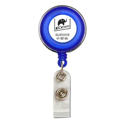 Round plastic ELEVATE retractable badge reel with belt clip and clear PVC card strap