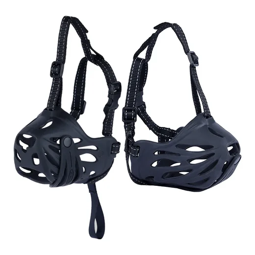 Soft rubber dog muzzle with adjustable brand clip and reflective strap