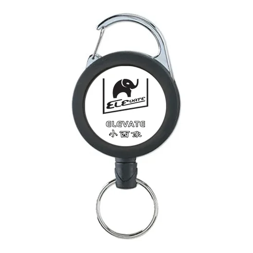 Black ELEVATE heavy duty locking retractable key reel with 30 mm metal clip and 120 cm cord