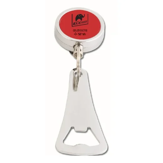 Round retractable bottle opener reel with metal opener and 30 mm twin loop clip, mounted on a white background