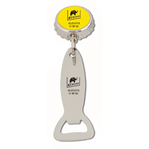 Round retractable bottle opener reel with 47 mm zinc alloy housing, 30 mm twin loop clip, metal bottle opener, and 60 cm nylon cord