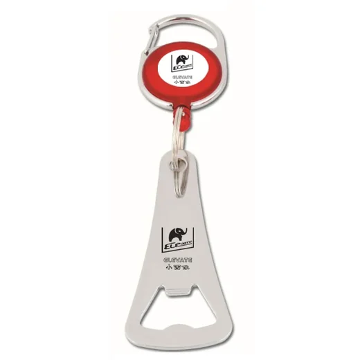 Round zinc alloy ELEVATE retractable bottle opener reel with metal bottle opener and 30 mm split ring attached