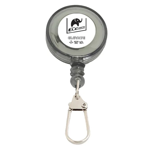 Round retractable fishing zinger with plastic hook and 60 cm cord, mounted on a black background