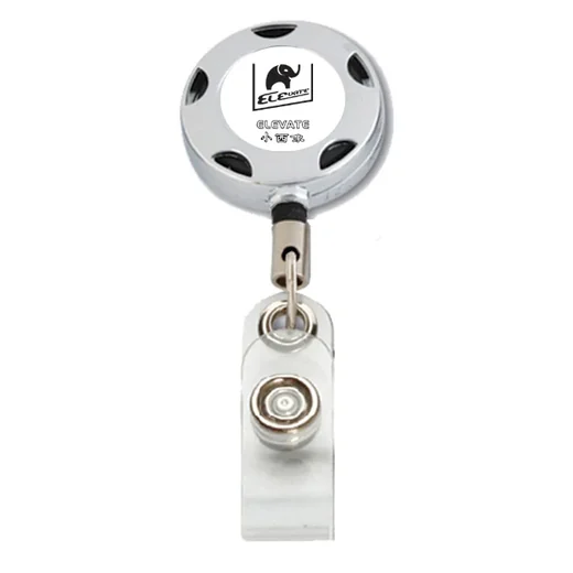 Round metal ELEVATE retractable badge reel with belt clip and clear PVC card strap