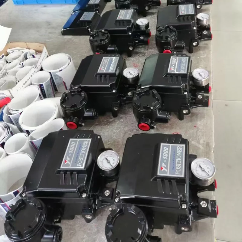 Rows of assembled valve positioners on the assembly bench at EAA Electric