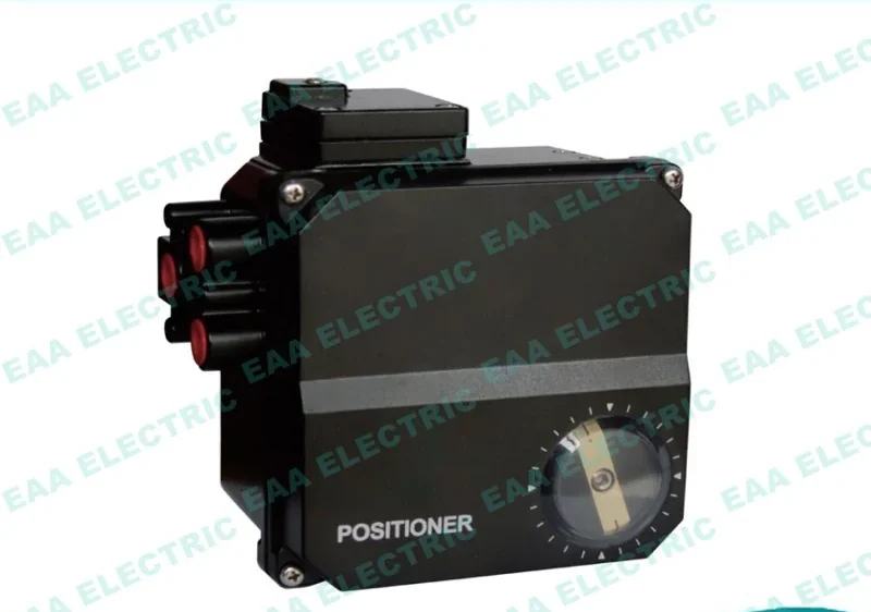 NE724 electro pneumatic valve positioner front angle view showing rugged casing and gauge ports