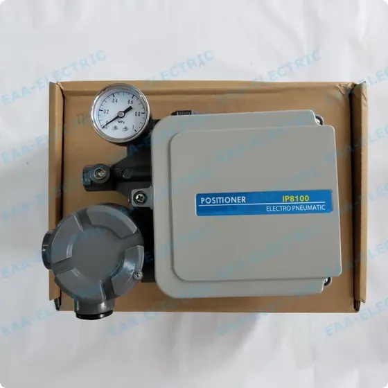 IP8100 electro pneumatic positioner showing enlarged MPa pressure gauges and terminal cover