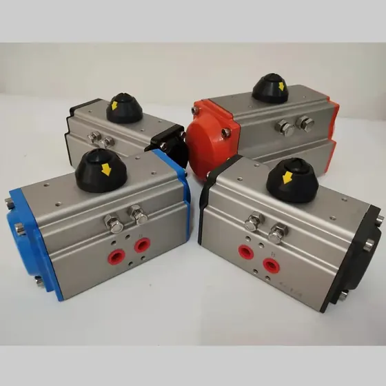 Pneumatic actuator side view showing hard anodized aluminum cylinder body and end cover bolts