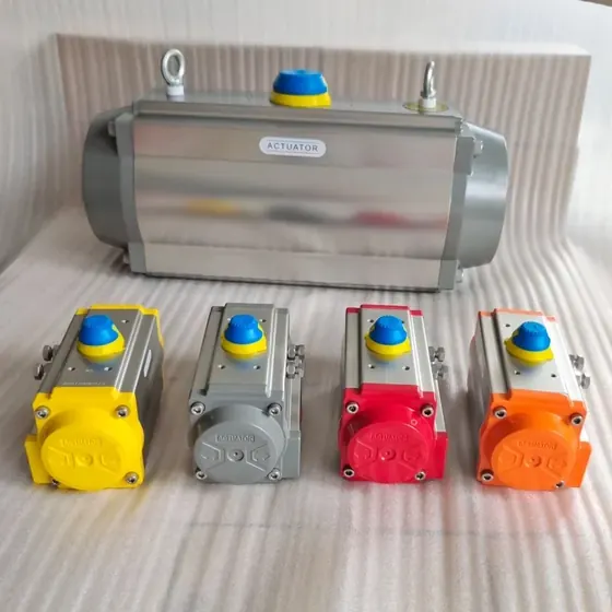 Pneumatic valve actuator end view highlighting stainless steel travel stop adjustment bolts