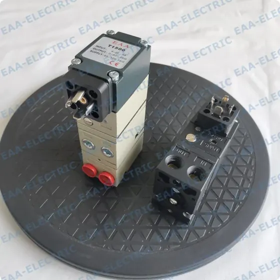 T1500 transducer showing external adjustment screws and pneumatic connections