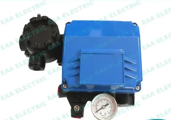 YT1000L blue electro pneumatic valve positioner front view with pressure gauges