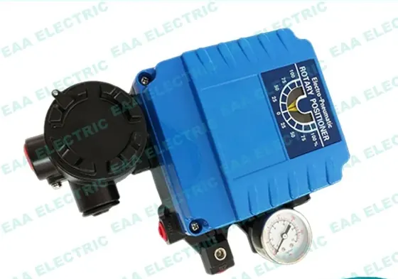 YT1000R blue electro pneumatic rotary valve positioner front view with pressure gauges