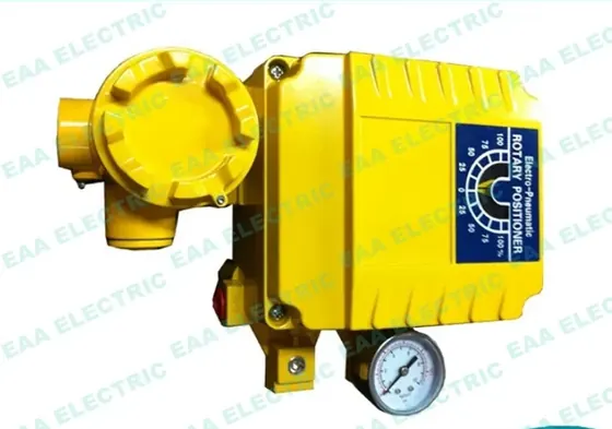 YT1000R yellow electro pneumatic valve positioner front view with pressure gauges