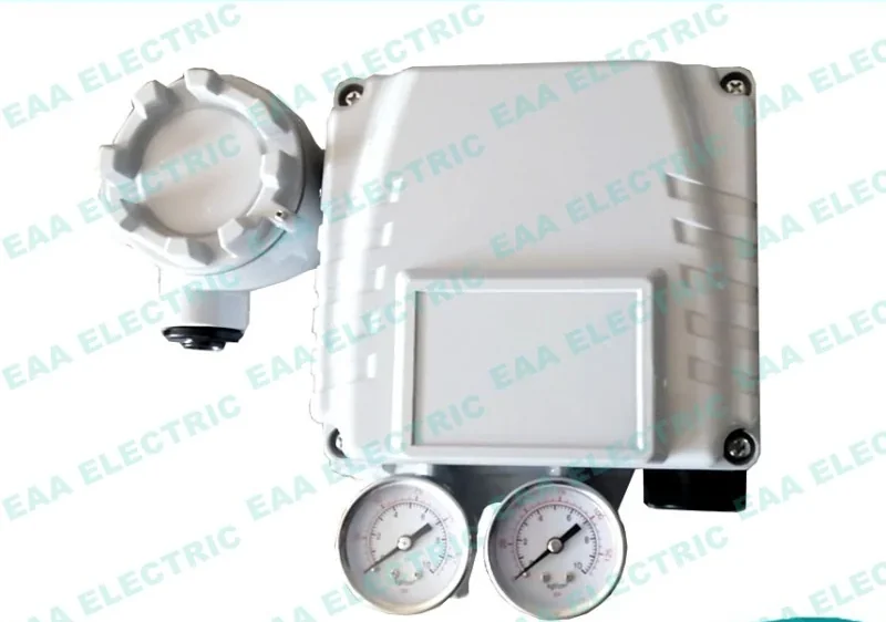 YT1000L Rotork type electro pneumatic valve positioner front angle view with pressure gauges
