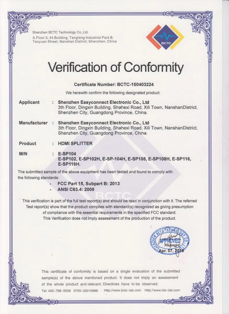 FCC for HDMI Splitter certificate held by Easyconnect Electronic