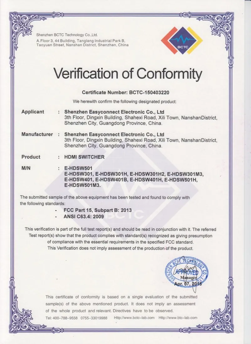 FCC for HDMI Switcher certificate held by Easyconnect Electronic
