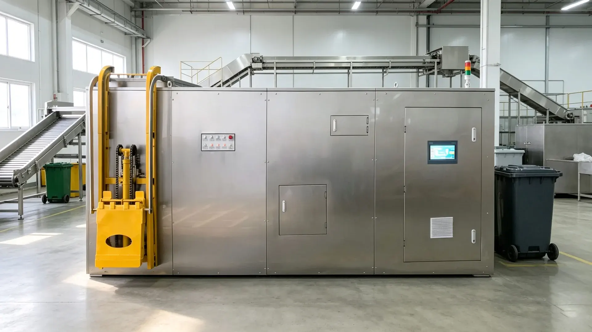 CR-1000 food waste composting machine installed in a processing hall with feed conveyors