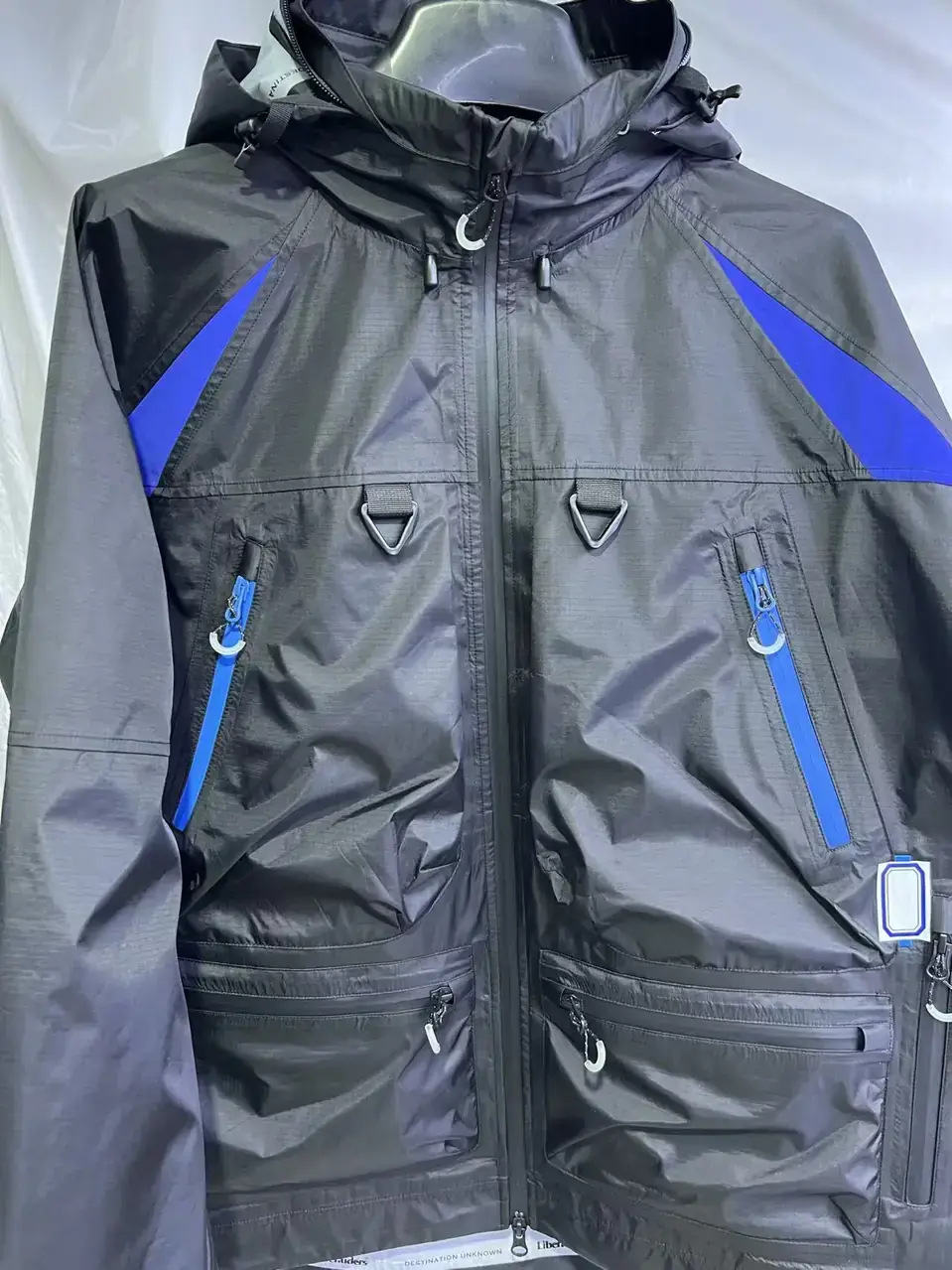 YD4013 grey and blue technical hooded shell jacket with multiple zip pockets