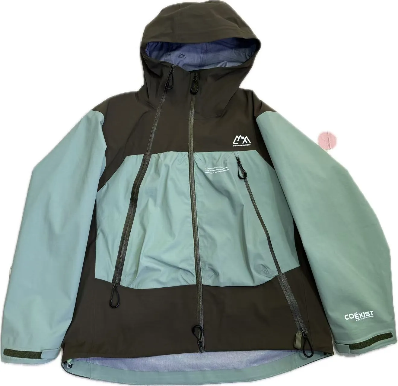 YD4018 mint green and dark brown colour-blocked hooded shell jacket