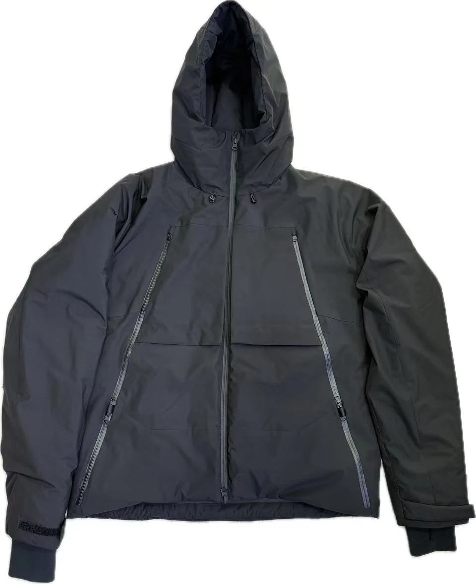 YD4016 black hooded padded jacket with angled chest zips and ribbed cuffs