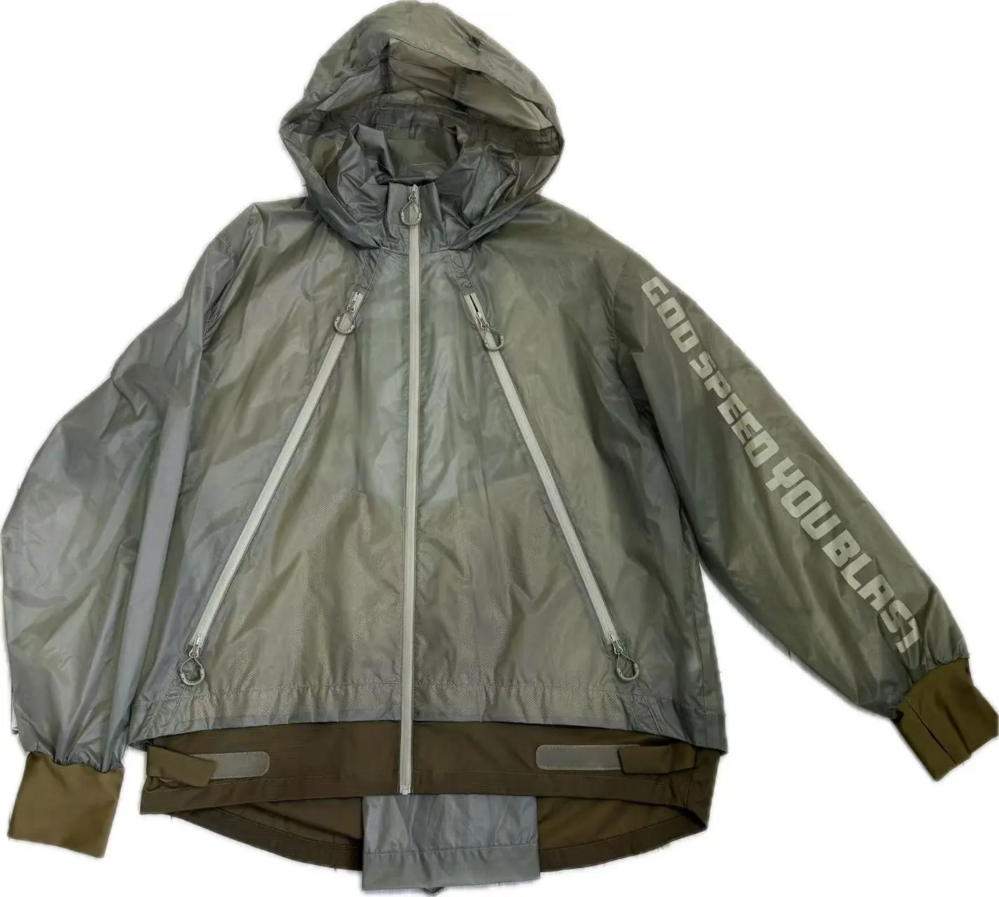 YD4015 khaki lightweight hooded windbreaker with printed sleeve graphic