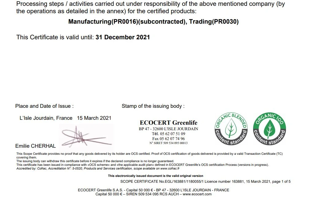 Page 2 of the ECOCERT Greenlife OCS scope certificate issued to Dalian Y&D Trading Co Ltd