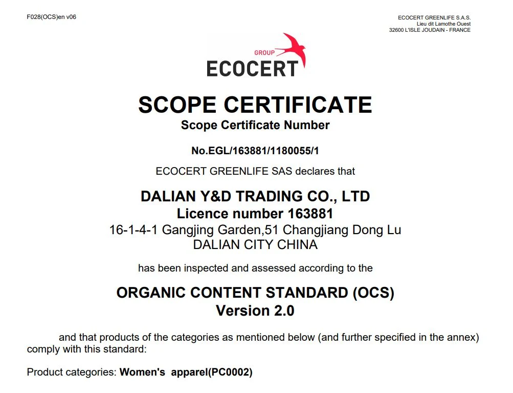 Page 1 of the ECOCERT Greenlife OCS scope certificate issued to Dalian Y&D Trading Co Ltd