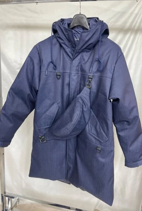 YD-802-1 denim down coat with detachable waist bag, front view
