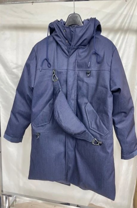 YD-802-1 denim down coat with detachable waist bag, back view