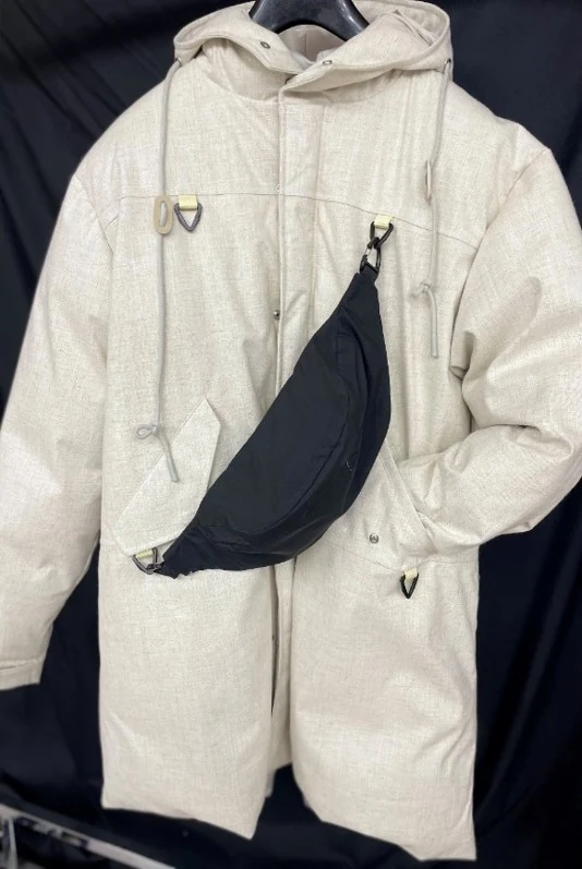 YD-802-2 linen down coat with detachable waist bag in natural fabric blend