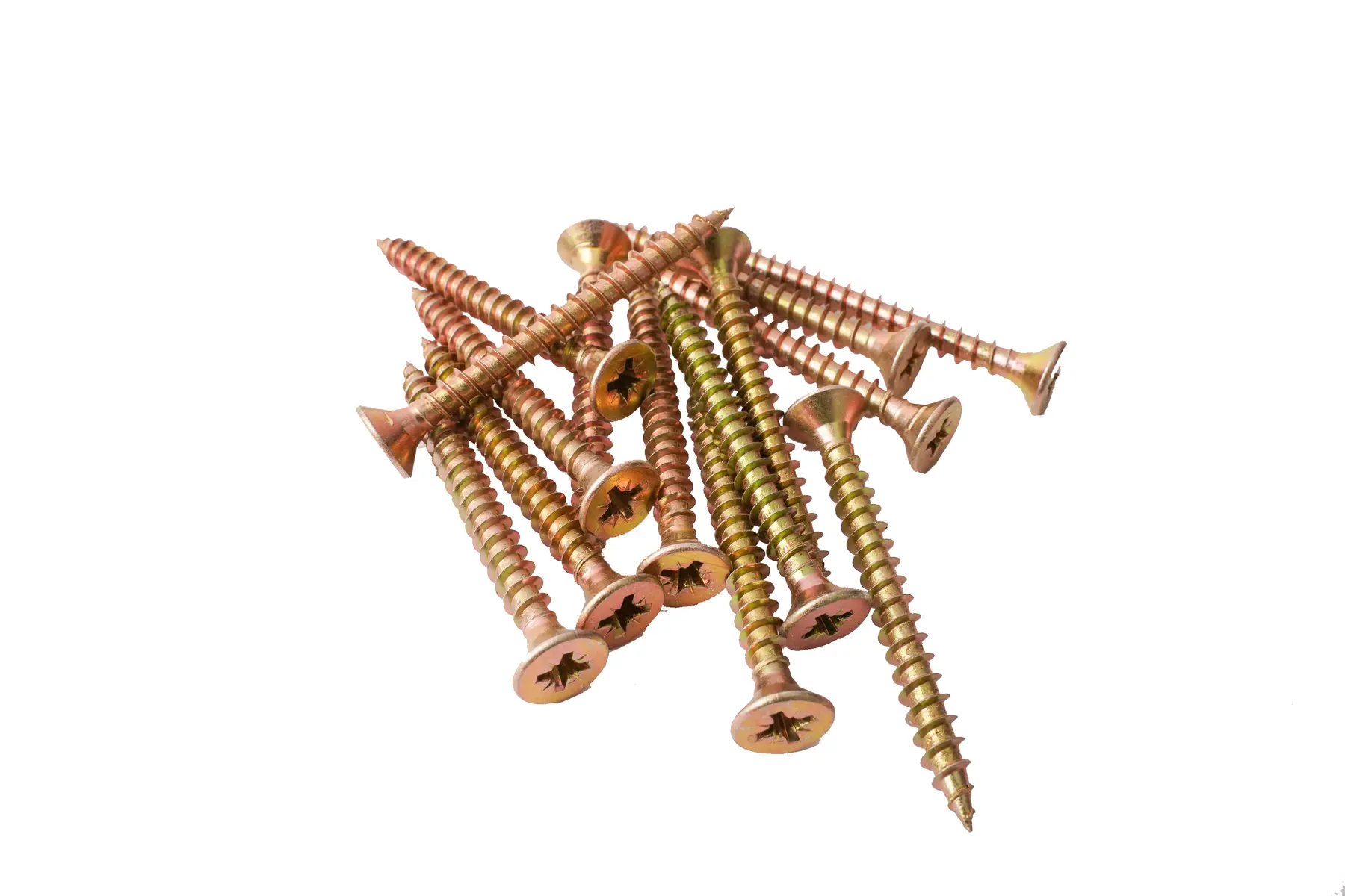 Yellow zinc plated double countersunk chipboard screws in a heap