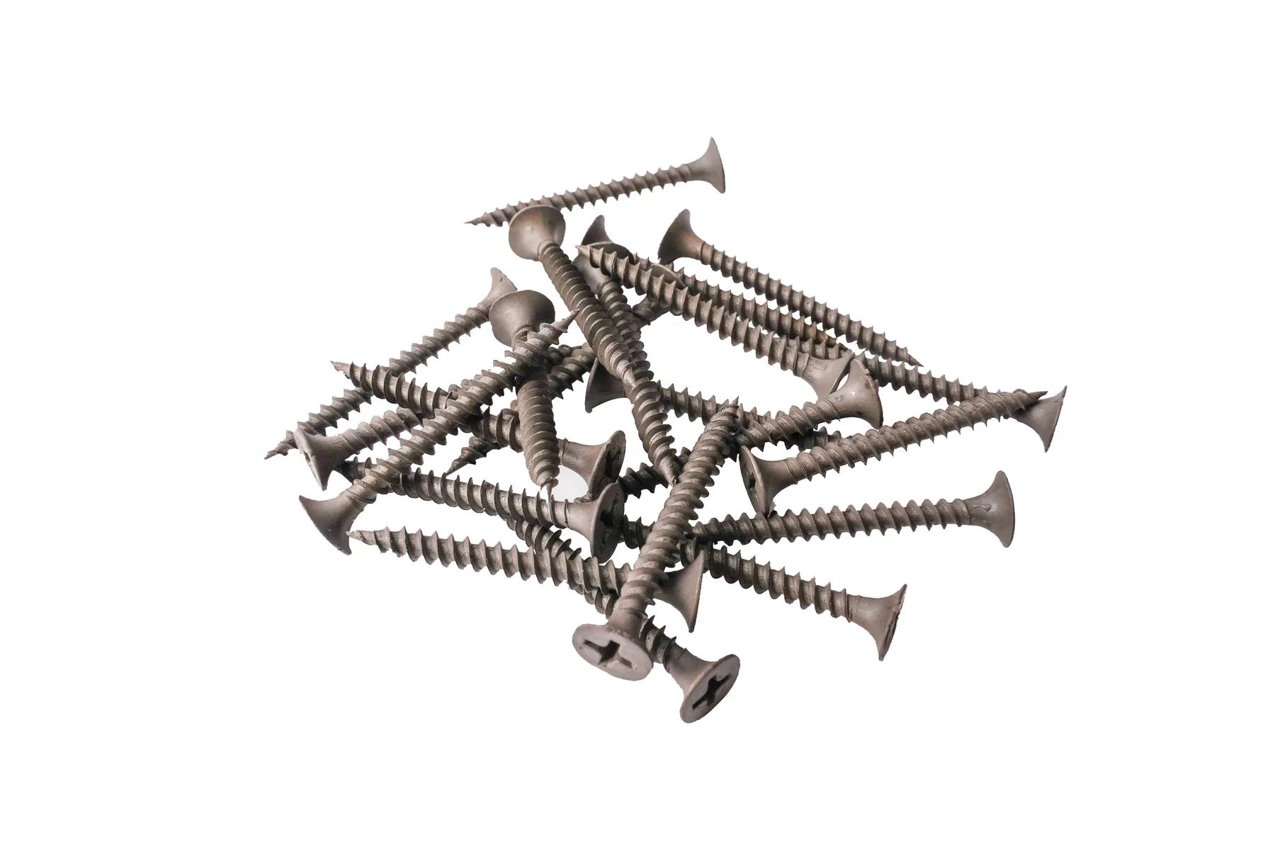 Grey phosphate fine thread drywall screws in a large pile