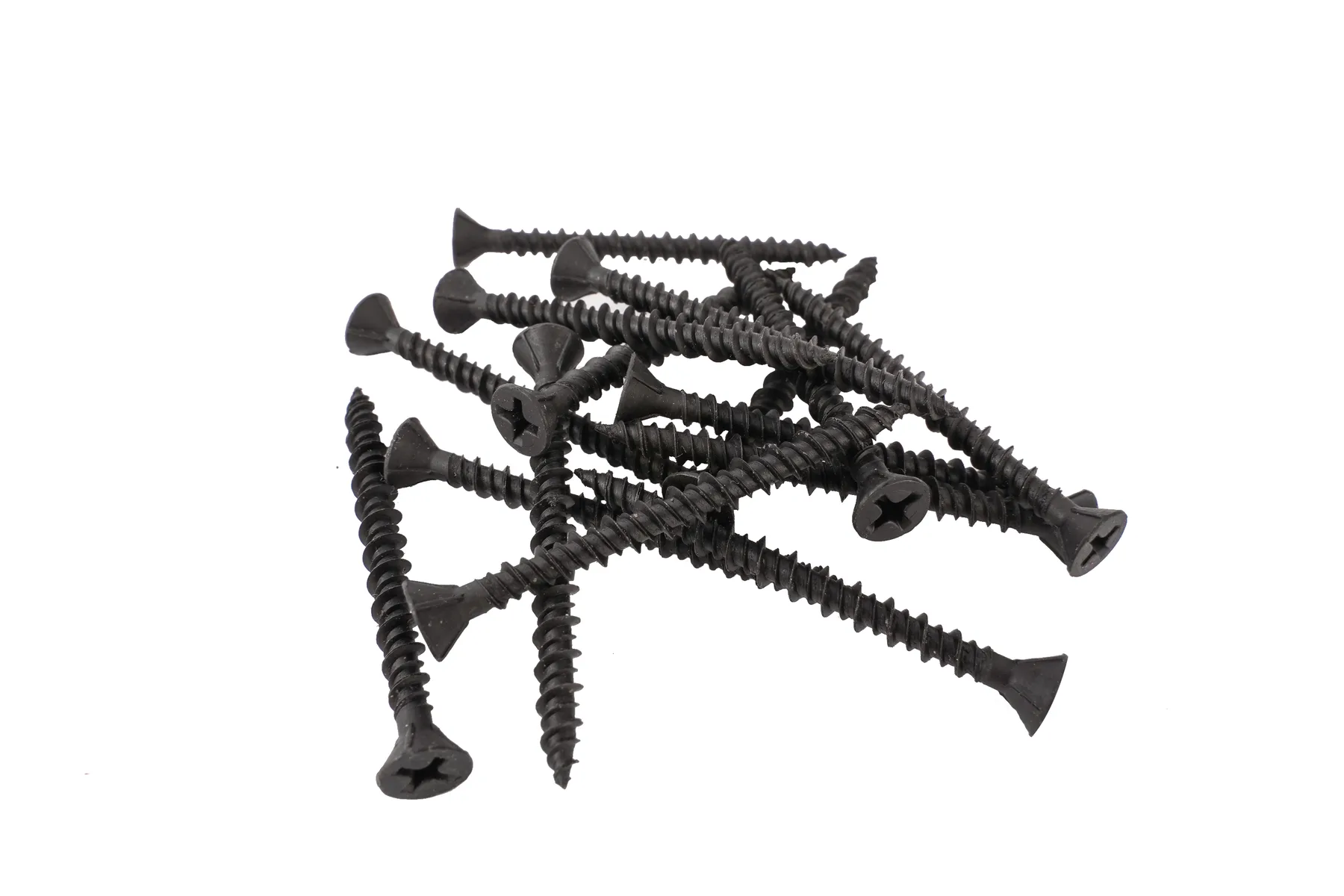 Black phosphate hi-lo thread drywall screws in a loose heap