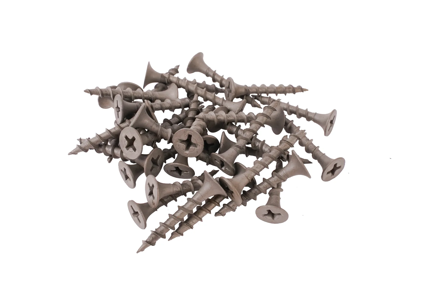 Loose pile of grey phosphate bugle head drywall screws