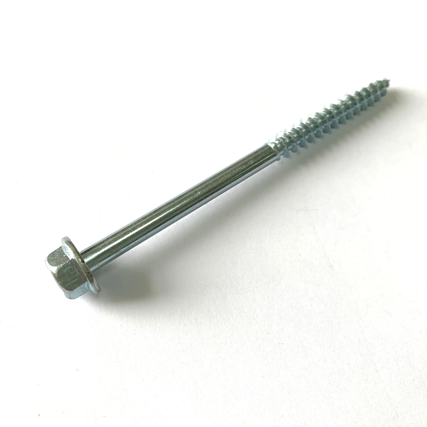 Long hexagon head wood screw with a zinc plated finish
