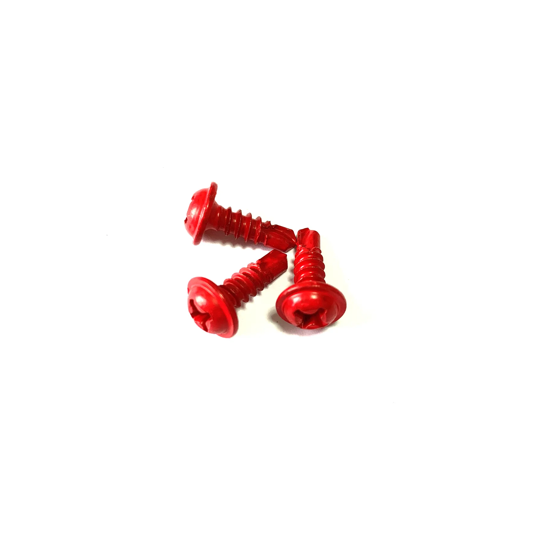 Red coated modified truss head self-drilling screws in a group