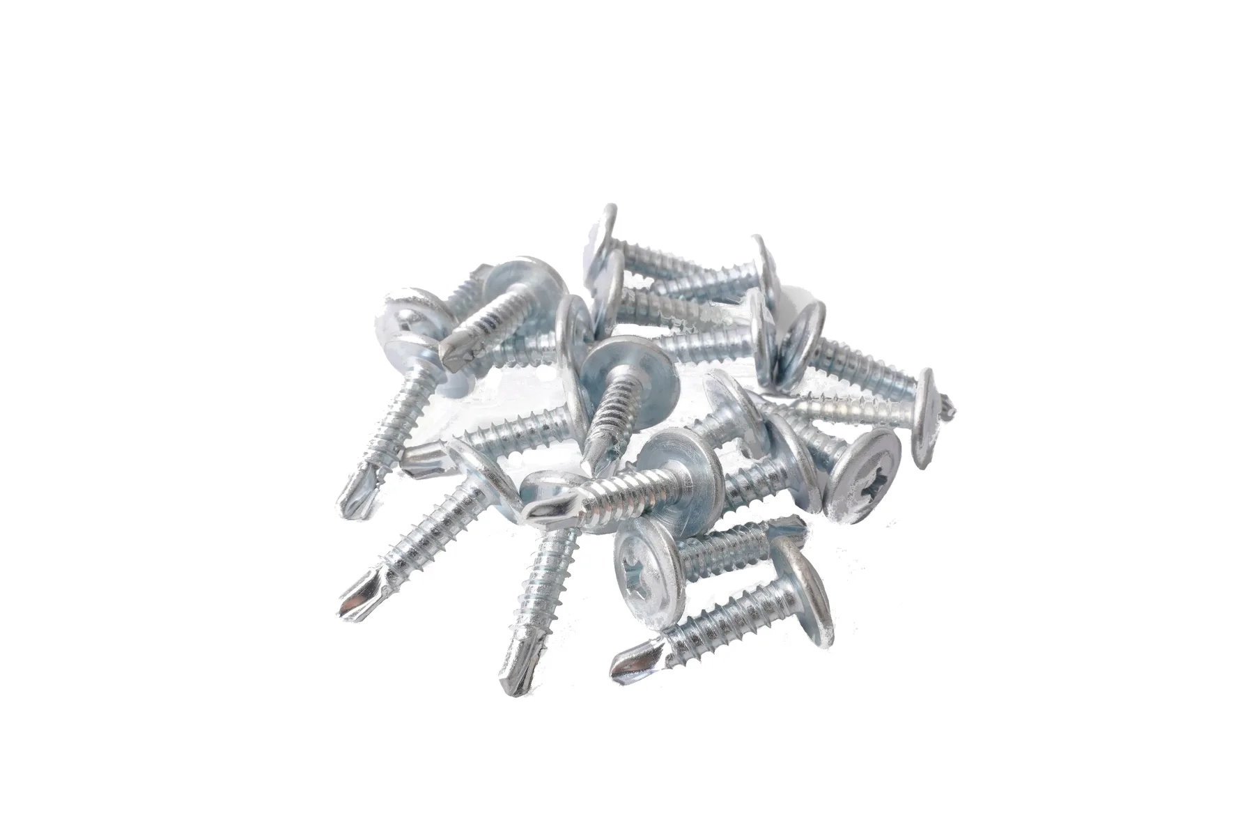 Zinc plated modified truss head self-drilling screws grouped together